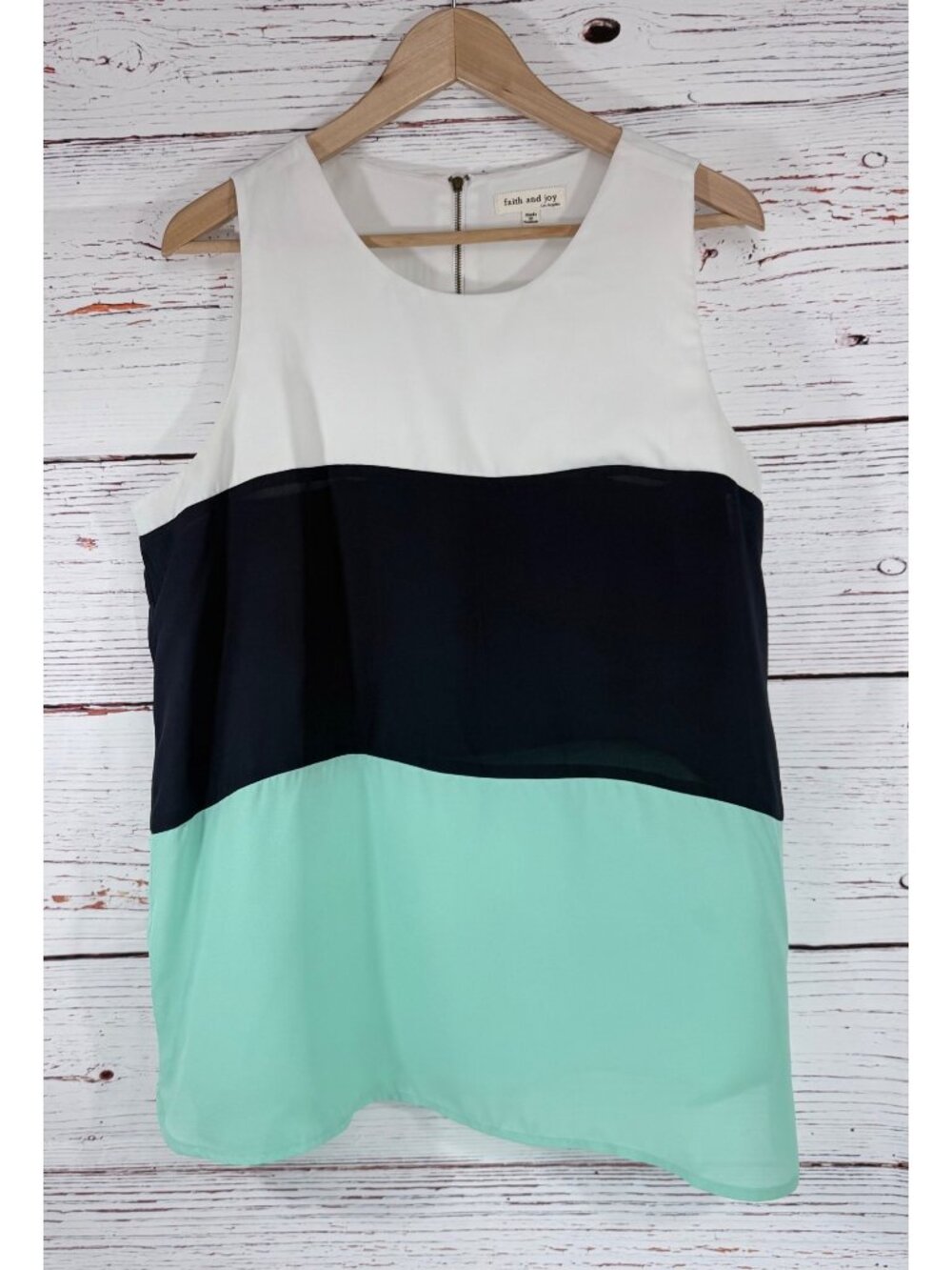 Faith And Joy Colorblock Sleeveless Tank Top White Navy & Mint Back Zipper Size